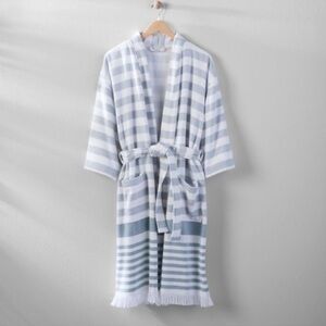 Hearth & Hand Magnolia Blue White Striped Cotton Fringe Hem Belted Spa Robe L/XL